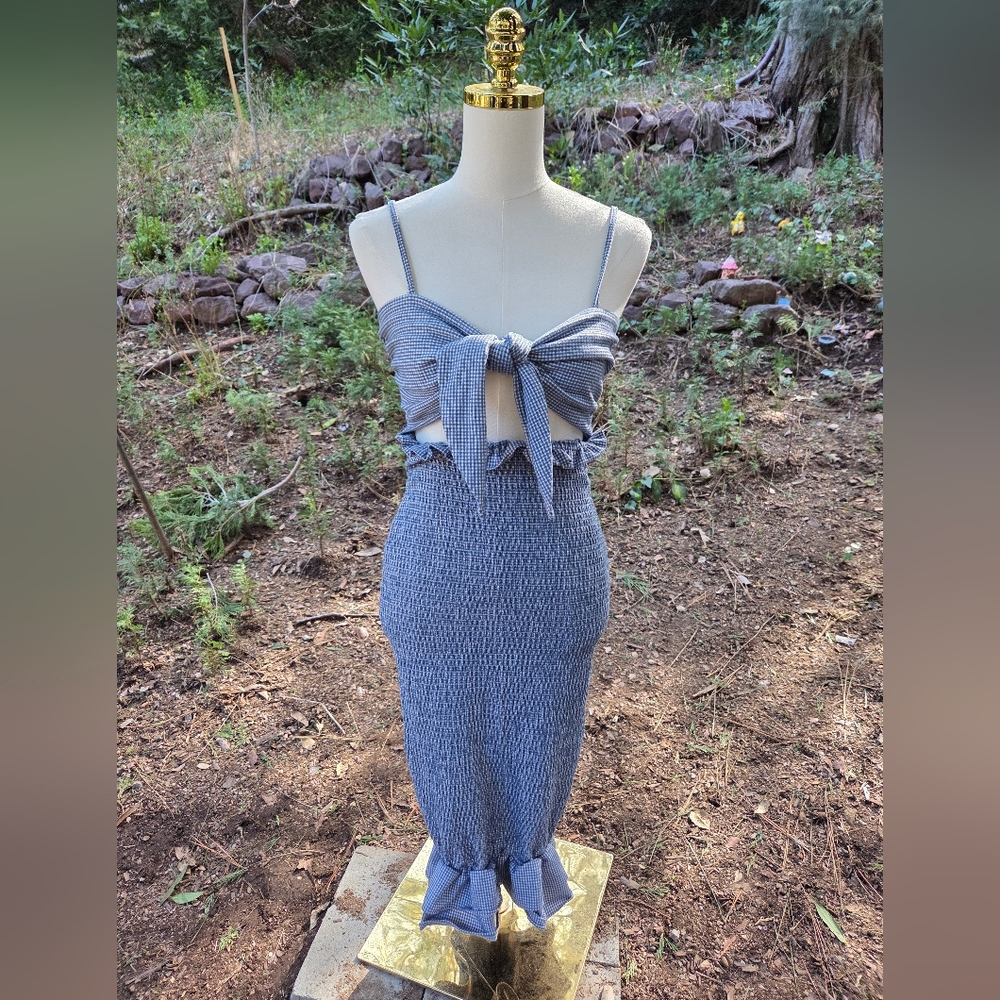 Mable Blue Gingham Tie Front‎ Midi Dress